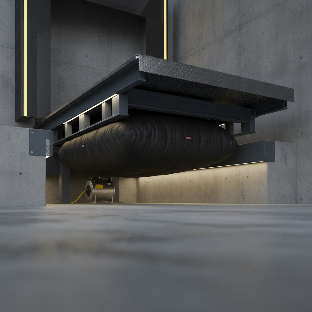 Air-powered pit dock leveler lifted by a large inflatable air bag beneath the steel deck.