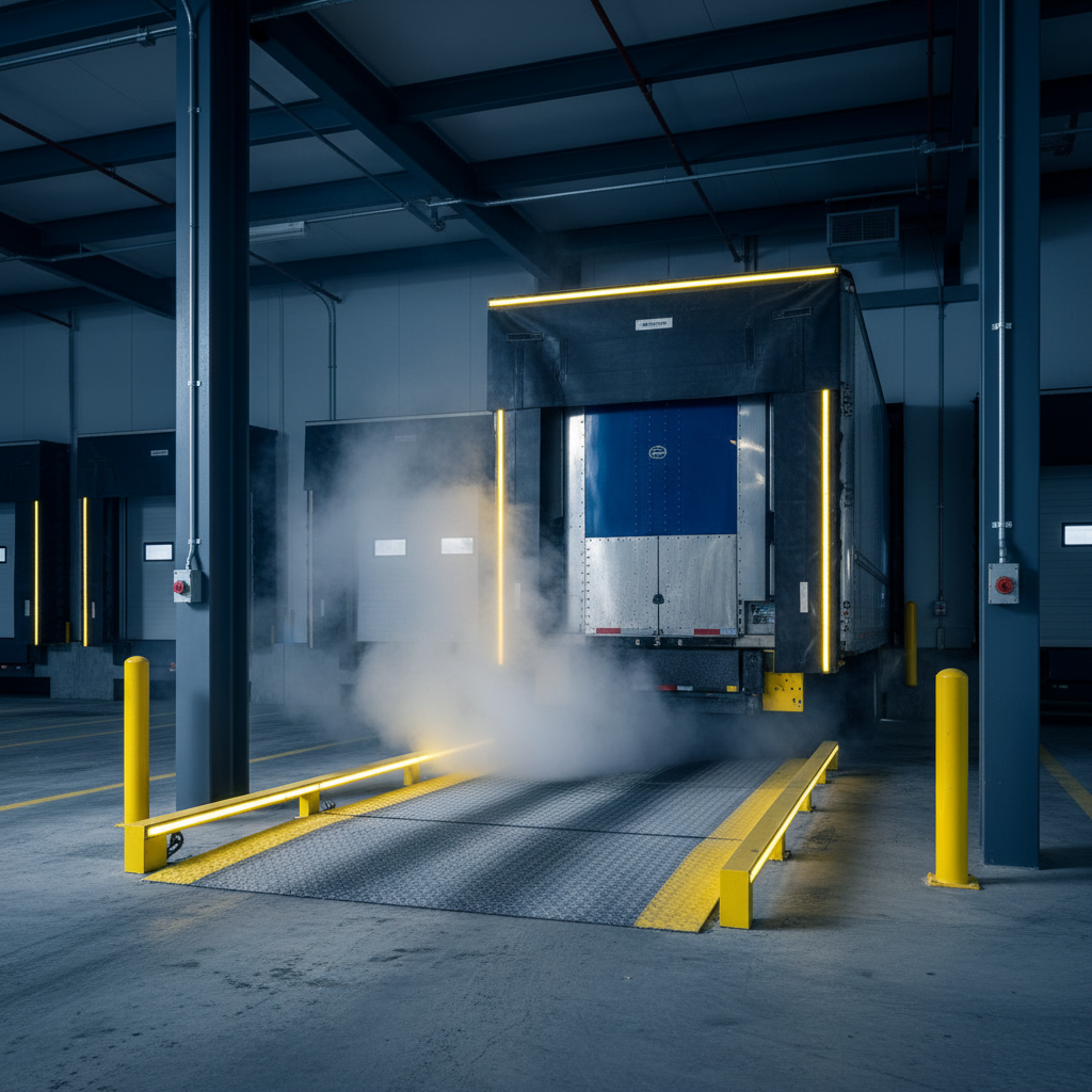 Refrigerated loading dock with insulated seals and a sealed pit leveler serving a reefer trailer.