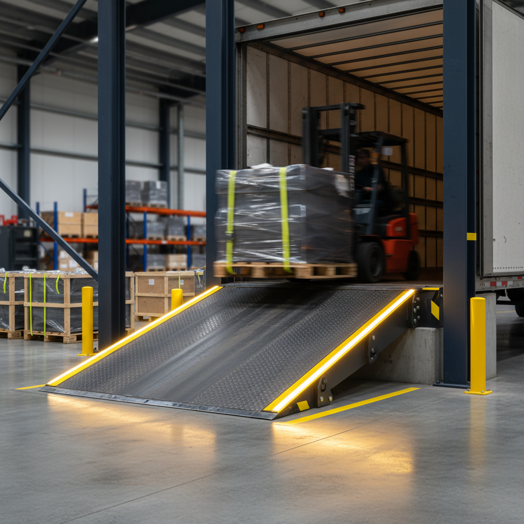 A forklift with a wrapped pallet crossing a steel pit leveler into a trailer.