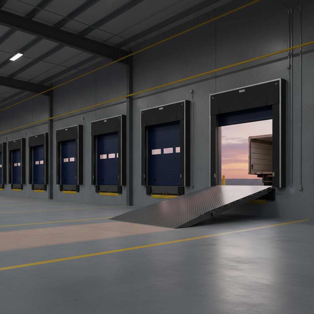 A row of loading dock doors with recessed steel pit levelers, one raised with its lip extended onto a trailer bed.