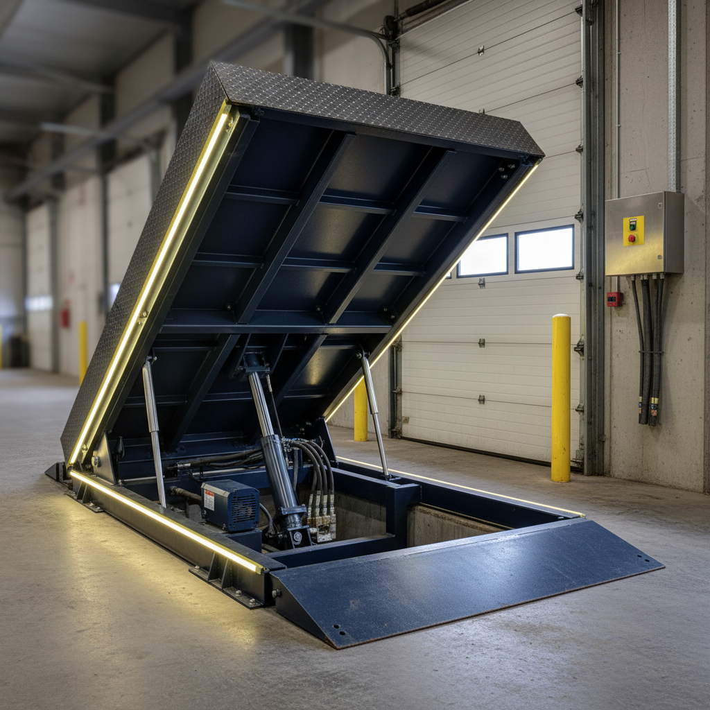 Hydraulic pit dock leveler raised with the lift cylinder and power unit visible under the deck and a push-button control beside the door.