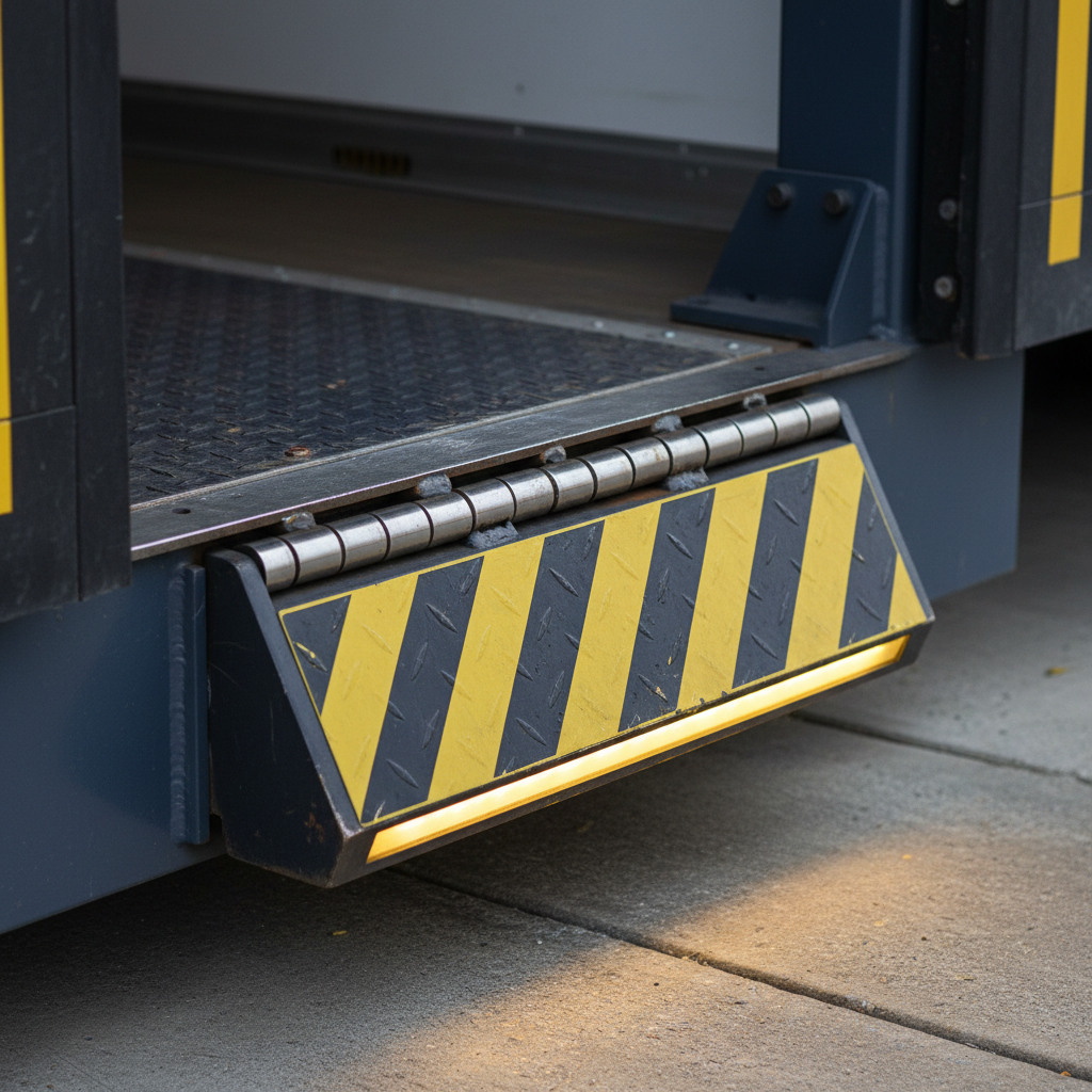 Hinged front lip of a dock leveler resting on a trailer floor, with a heavy hinge and safety striping.