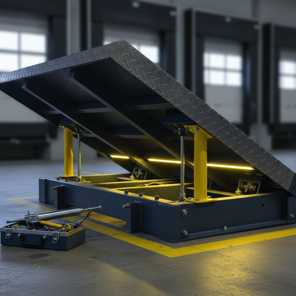 Dock leveler raised on its maintenance strut with hinge pins and grease fittings visible.