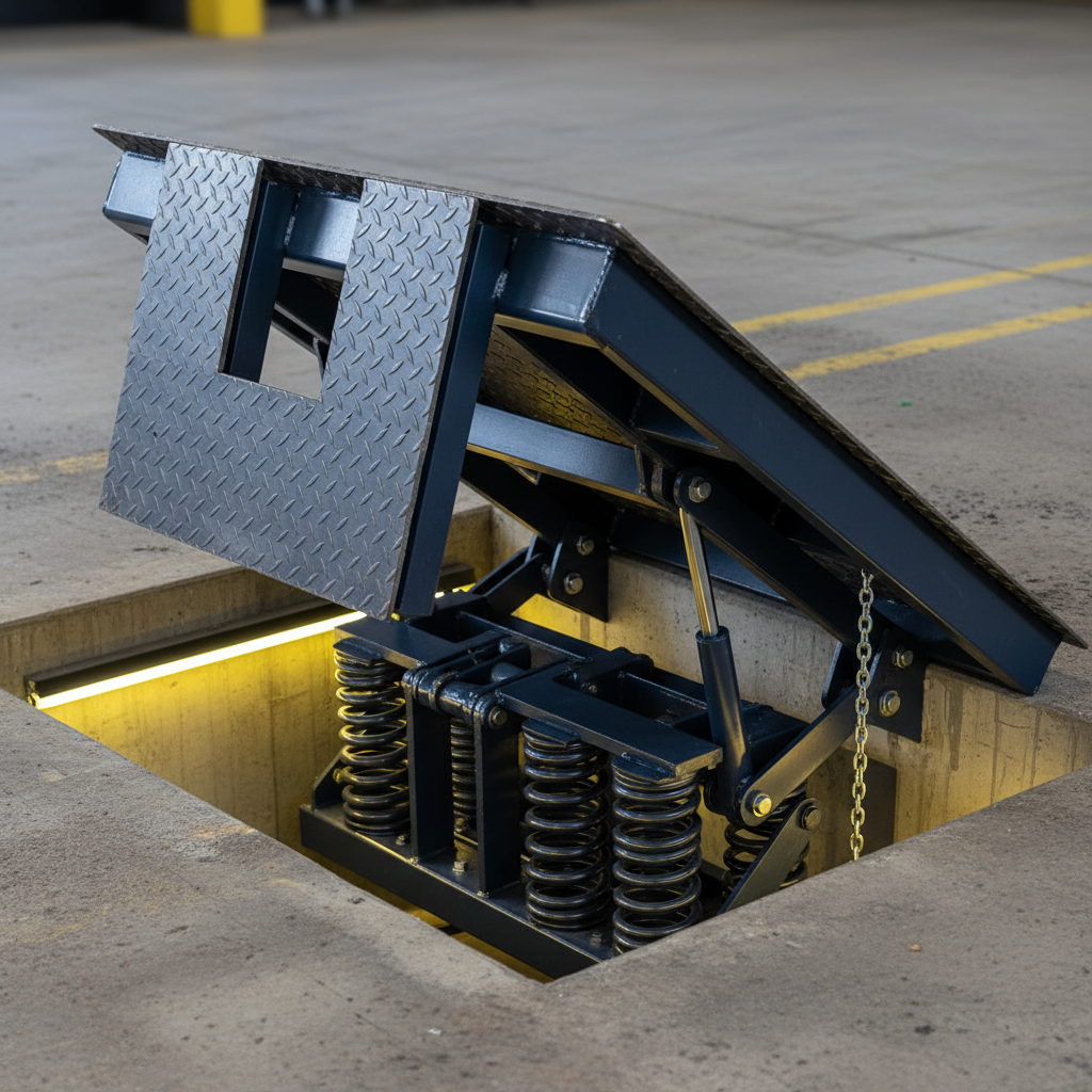 Mechanical spring-operated pit dock leveler raised in its concrete pit with the spring assembly visible below the deck.