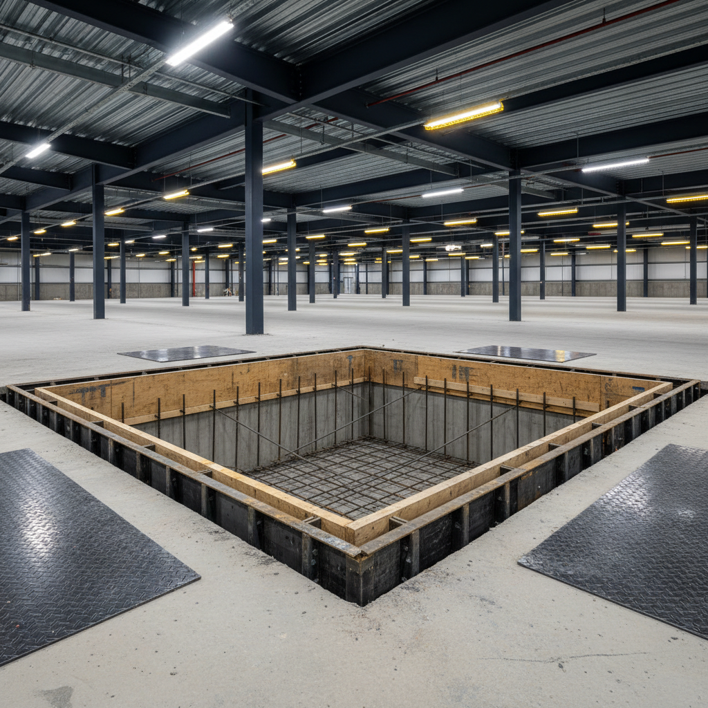 A poured concrete dock leveler pit with embedded steel curb angles at a warehouse under construction.