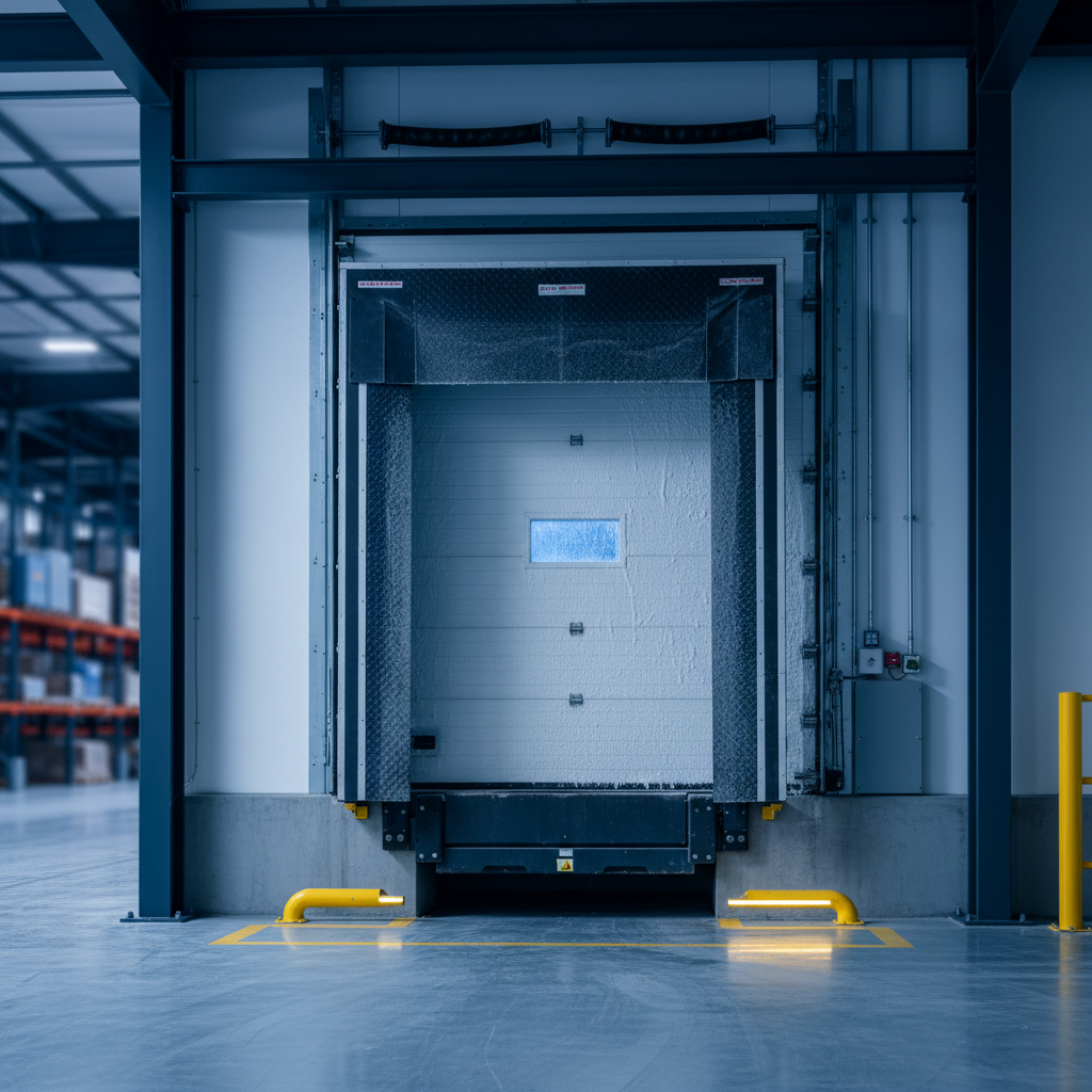 Vertical storing dock leveler standing upright against a sealed insulated door in a cold storage warehouse.